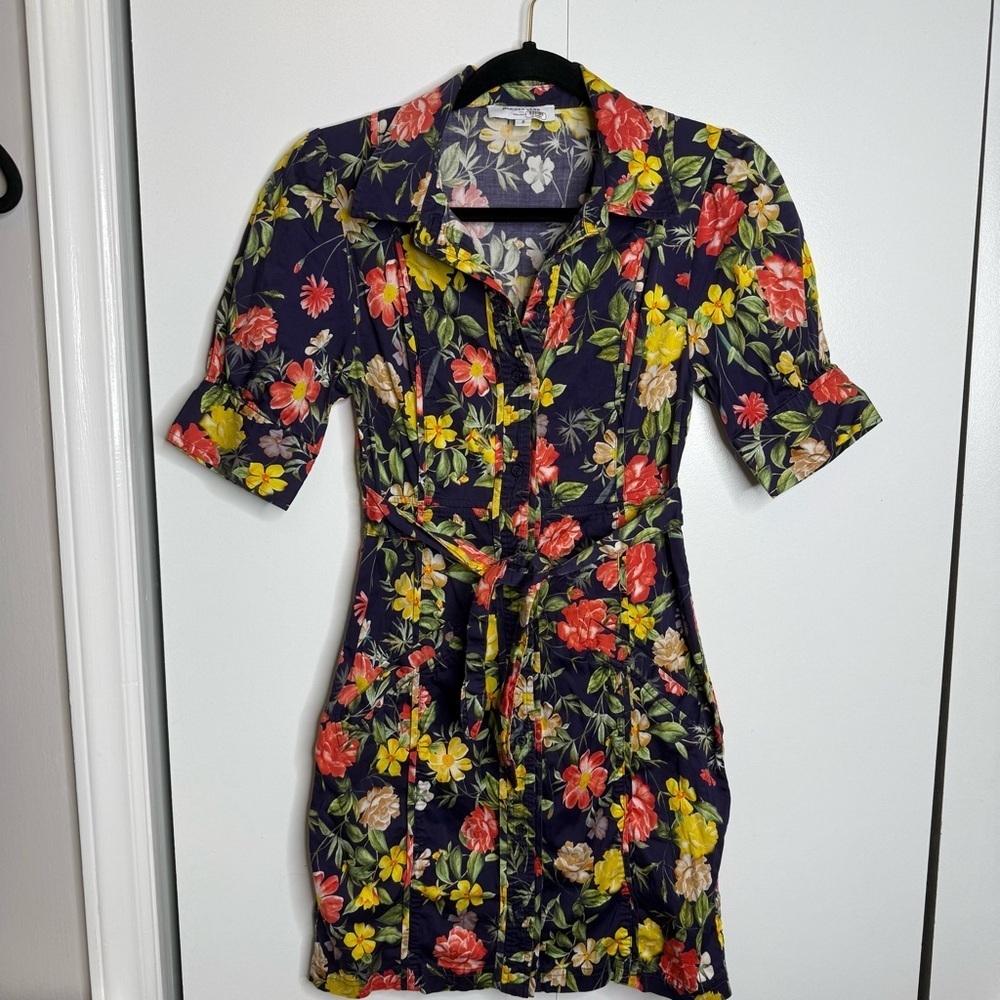 Marissa Webb Multi Floral Printed Puff Sleeve Shirt Dress Size 2 Navy Blue - Picture 3 of 11